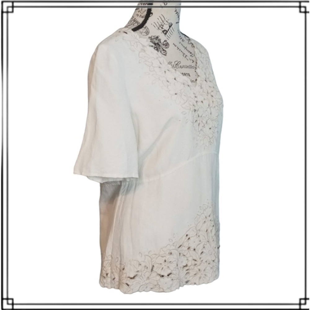 J. Jill Silk/Linen Cream Laser Cut Embroidered Floral Blouse Size Sm - Picture 5 of 10